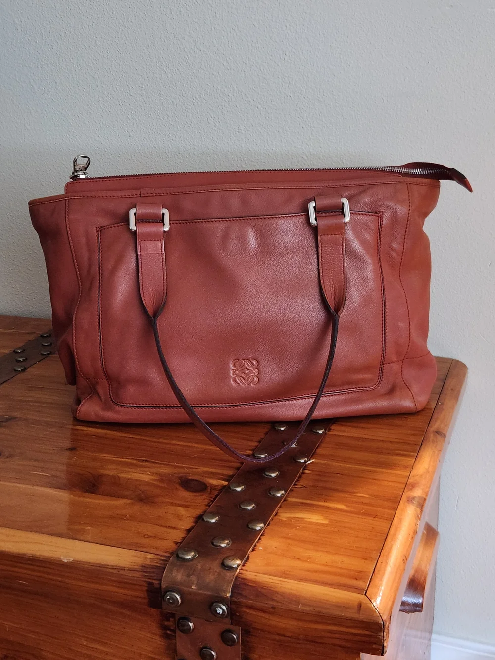 Leather Tote Handbag in Cognac Brown - Brand: